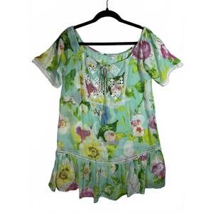 90s Vintage Debbie Kats South Beach Floral Swim Cover Up Mirror Bling L/XL